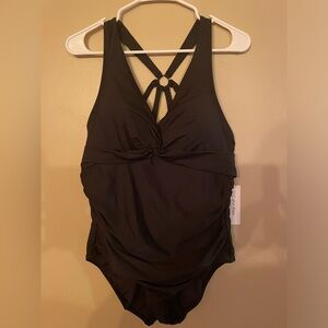 Black Calvin Klein Twist Plunge One-Piece Swimsuit (Bathing suit) Size 16 NWT